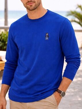 Polo Ralph Lauren Mens knit Bear logo Folded Waffle Long-Sleeve Shirt L